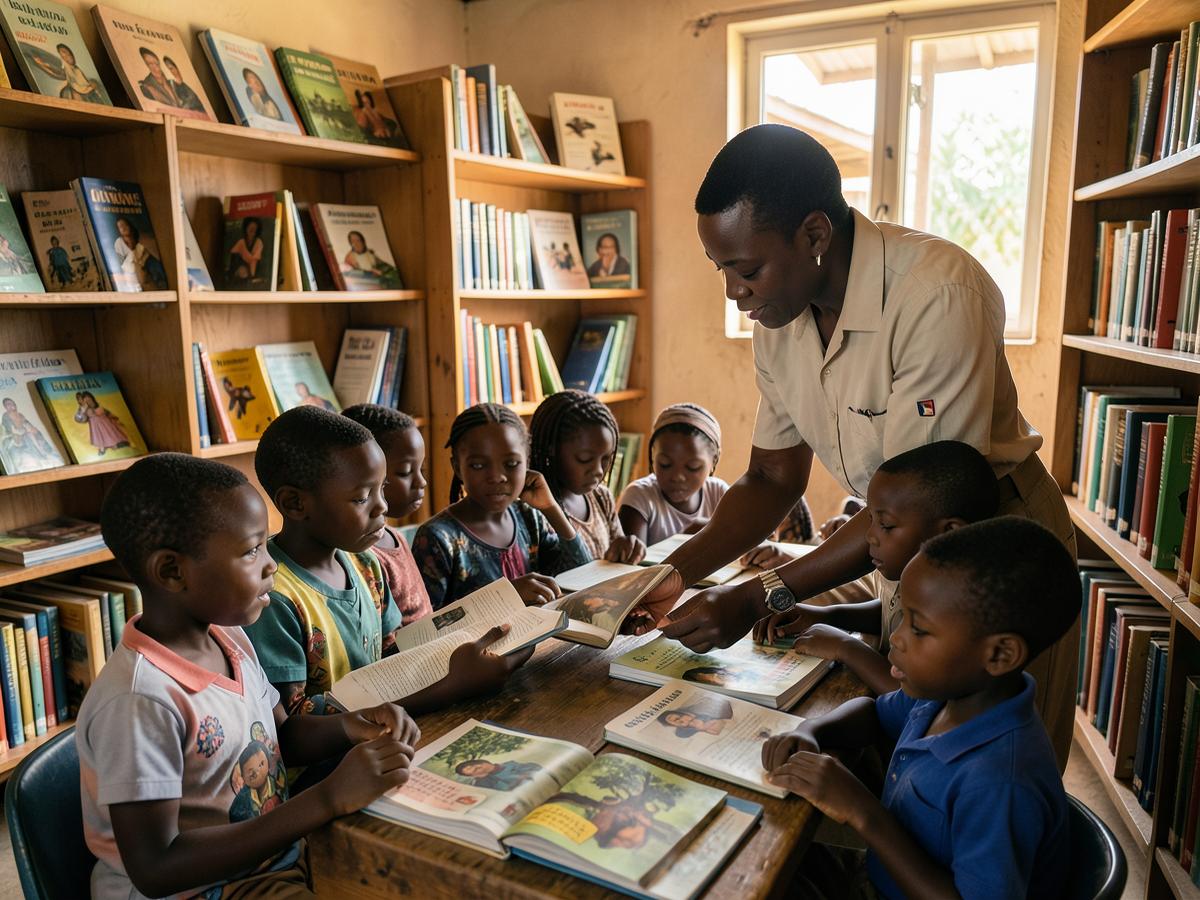 Kenyan teacher reading with schoolchildren in a school library