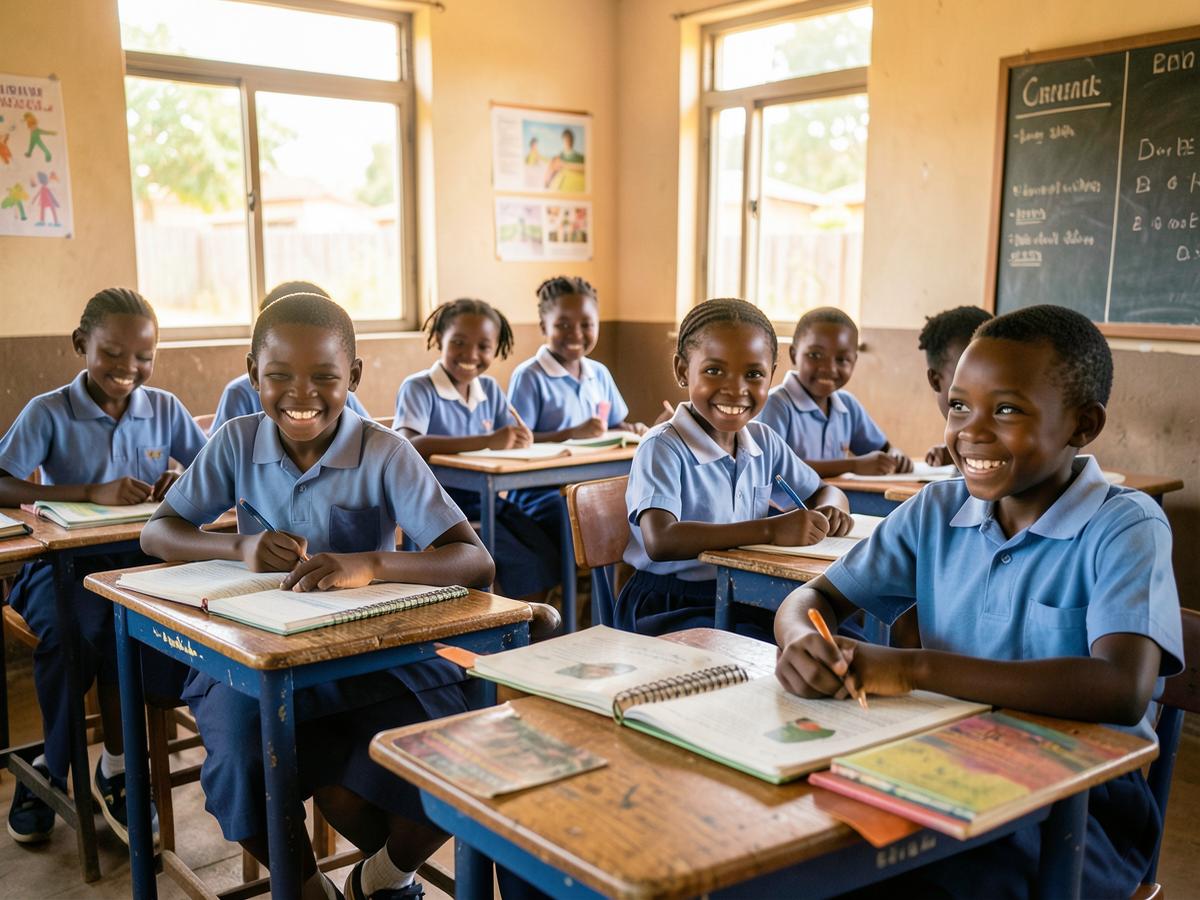 Kenyan primary school pupils reading Spear Sharp textbooks in class